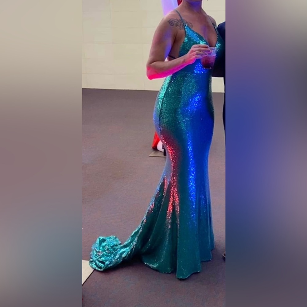Portia and Scarlett Teal Sequin Gown